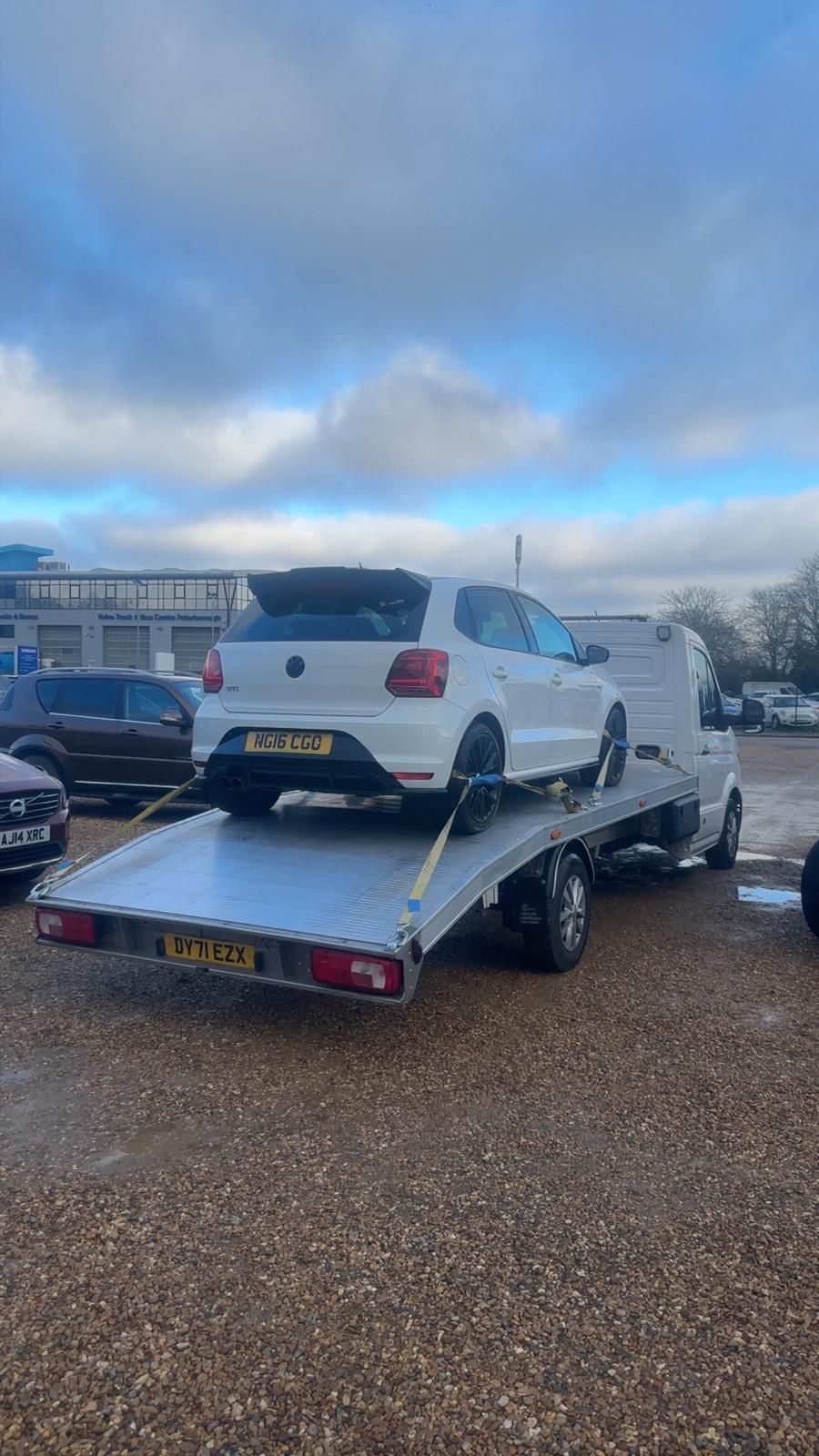White Volkswagen Polo GTI secured on the CT Recovery flatbed in Peterborough
